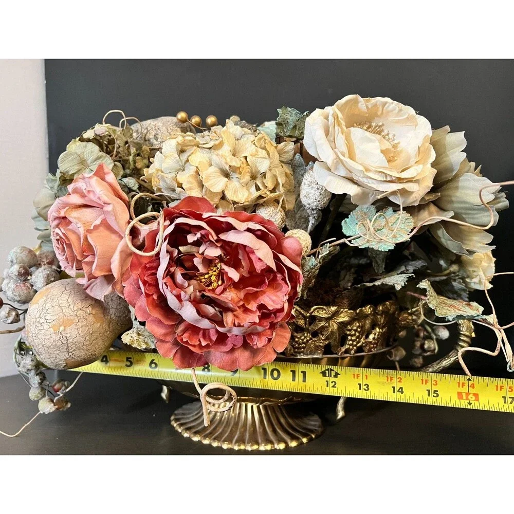 Vtg Large Ornate Grapevine Gooseneck Handle Brass Centerpiece Bowl Faux Flowers